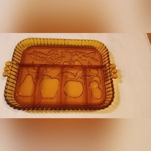 Indiana Amber Glass Divided Fruit Embossed Tray